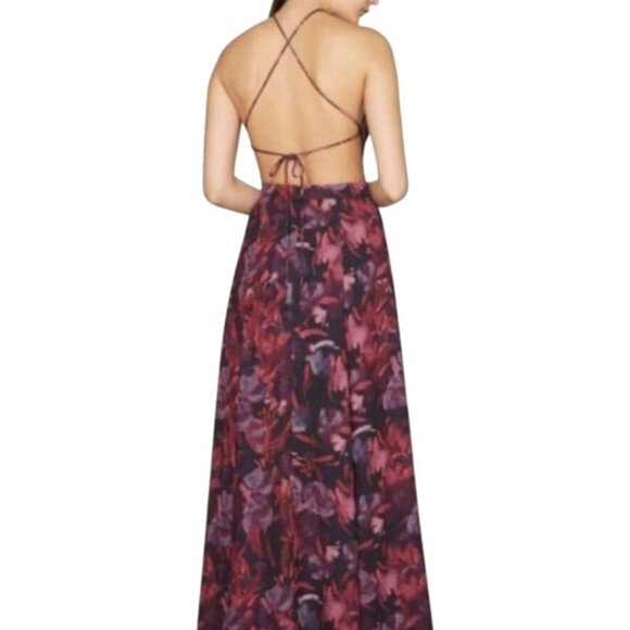 Fame And Partners Purple Floral Maxi Dress Halter Strappy Back High Slit Size 0 - Picture 2 of 13